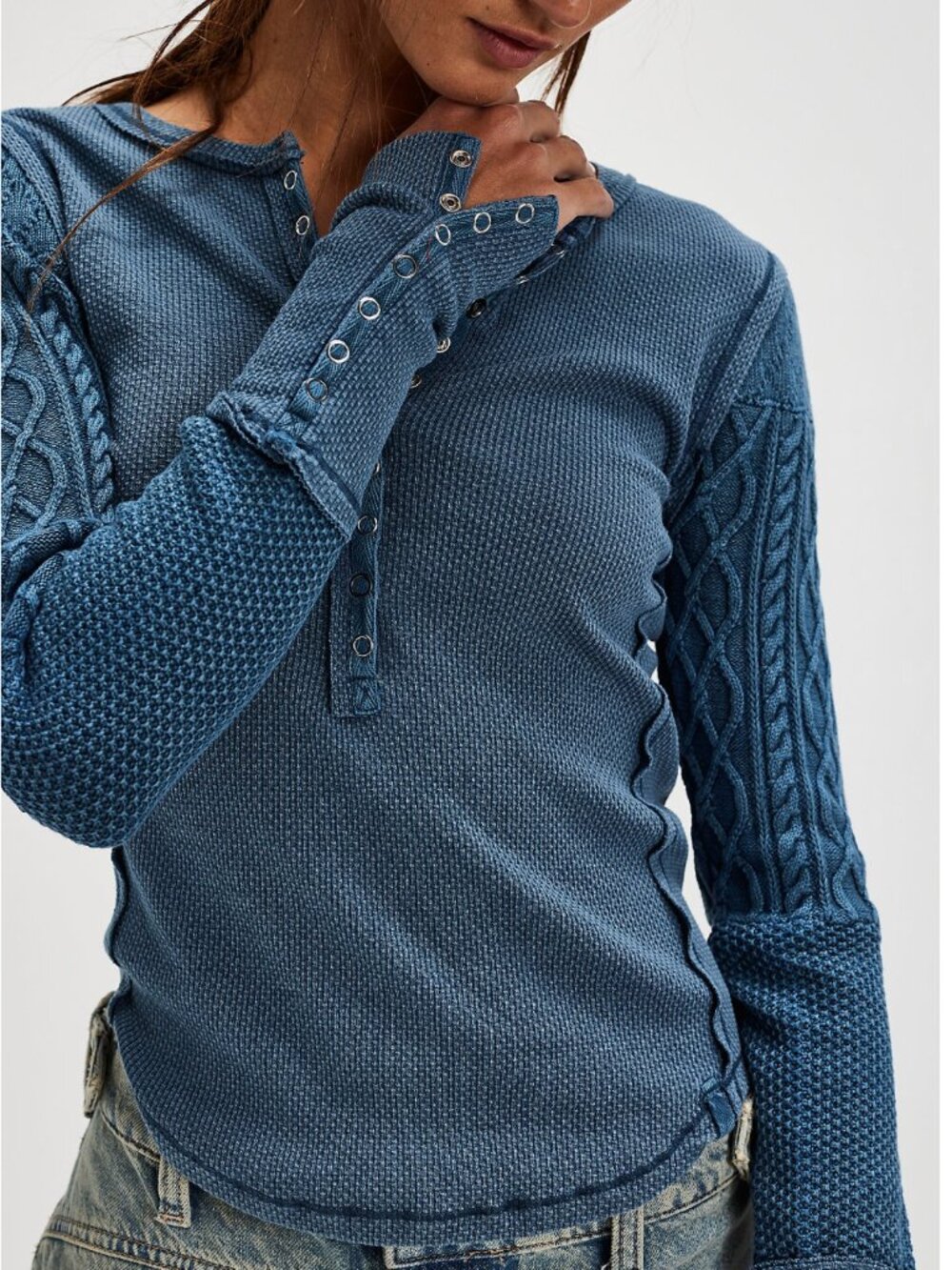 Free People We The Free Blue Twisted Cable Cuff Henley Waffle Top S Boho Y2K